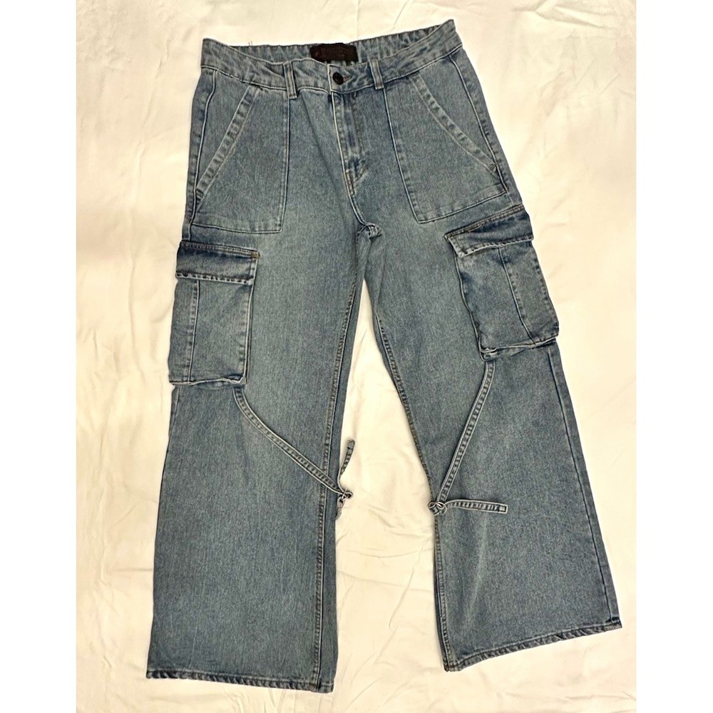 Love For Humanity Cargo Jeans Wide Leg Straps 7 28 Blue Y2K Grunge Streetwear